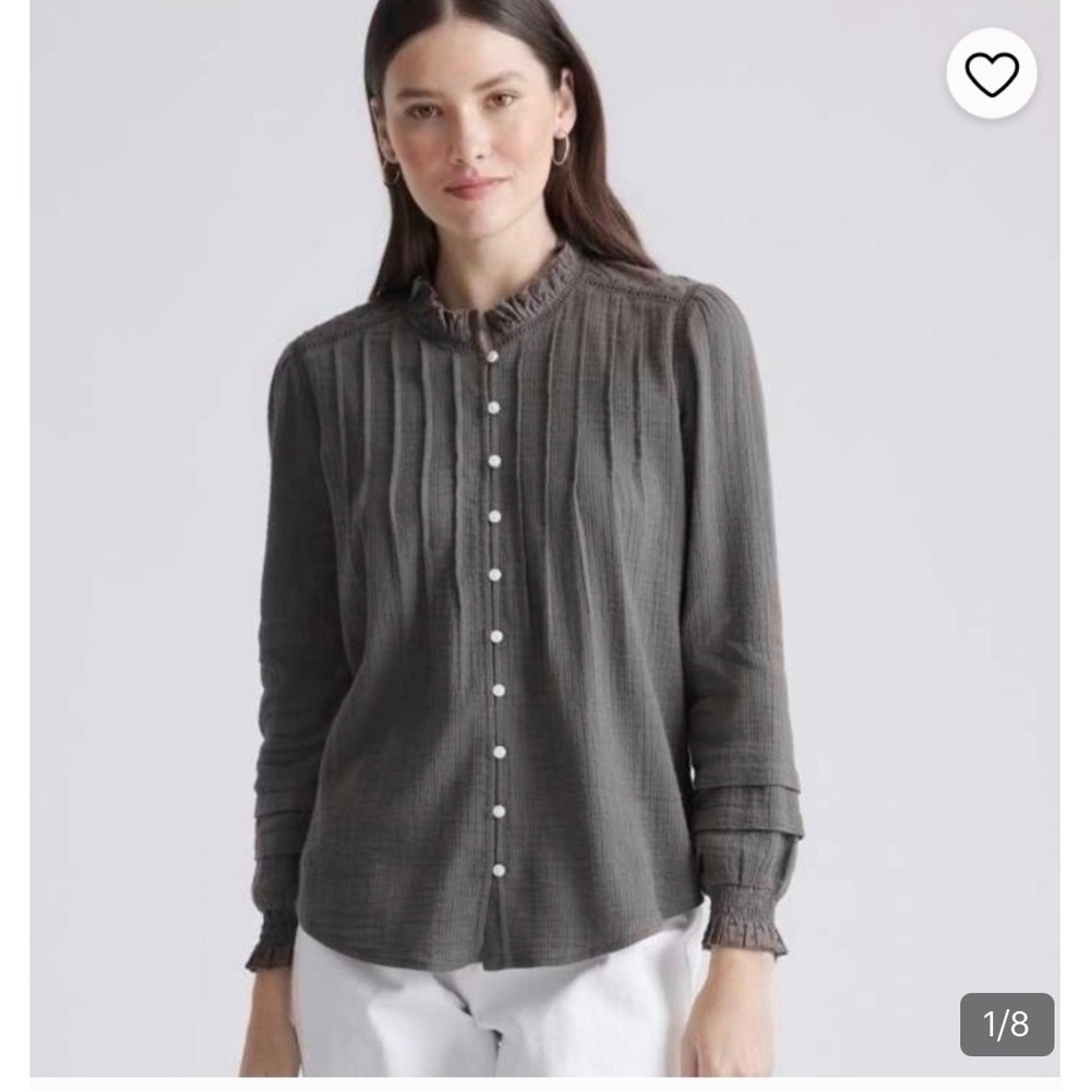 Quince Organic Textured Cotton Peasant Blouse Charcoal Grey Ruffle Mock Neck L